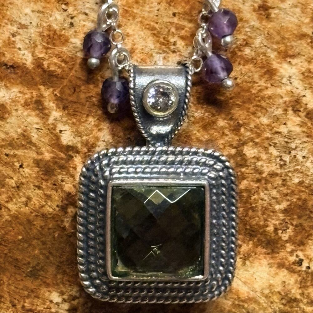Artisian Necklace Sterling Silver/Elbaite/Zir Pendant & SS/Amethyst Chain Israel